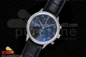 ZF IWC 포르투기저 크로노그래프 블랙다이얼 다이아베젤 블랙가죽스트랩 Portuguese Chrono IW371447 ZF 1:1 Best Edition Diamonds Bezel on Black Leather Strap A7750 (Same Thickness as Genuine)