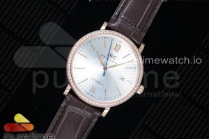 V7F IWC 포르토피노 실버다이얼 로즈골드 다이아베젤 브라운악어가죽스트랩 Portofino Automatic RG V7F 1:1 Best Edtiion Diamonds Bezel Silver Dial SS Markers on Brown Croco Strap ETA2892